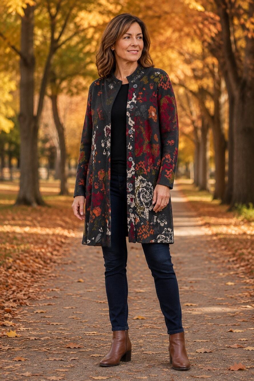 J.Jill Women’s XL Floral Jacquard Knit Button Front Duster Cardigan Boho